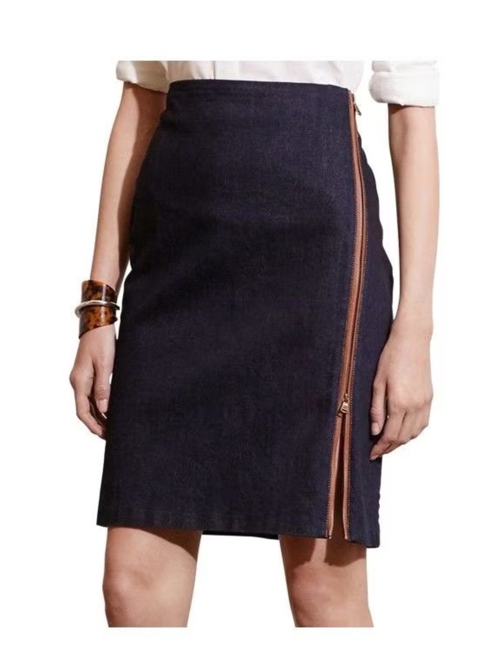 Lauren Ralph Lauren Dark Blue Denim Leather Trim Zip Front Skirt Size 12 NWT